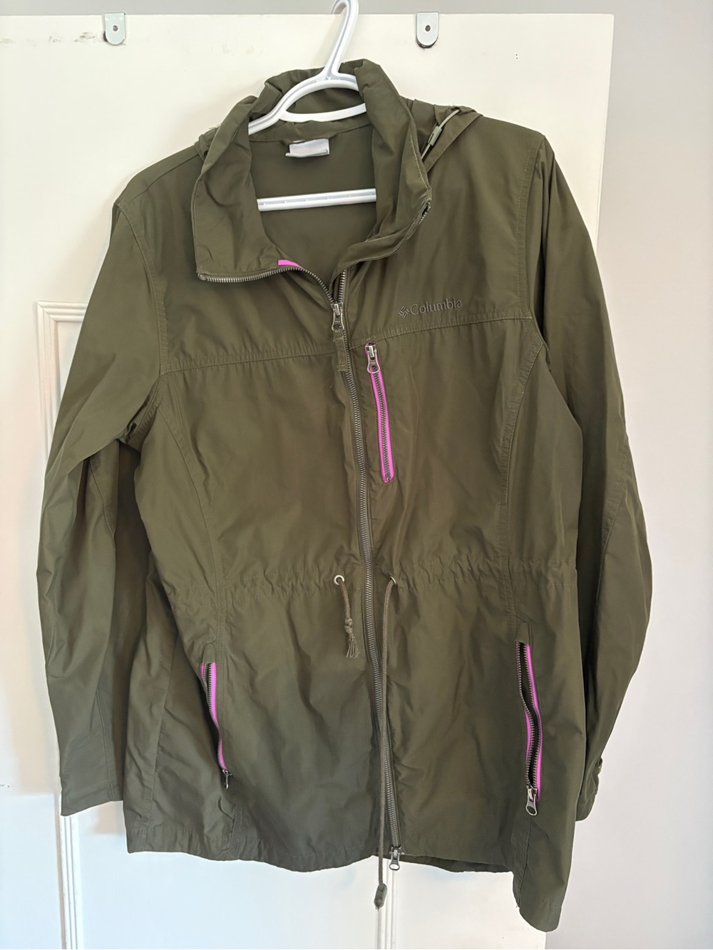 Columbia Olive Green Hooded Utility Jacket with Pink Trim